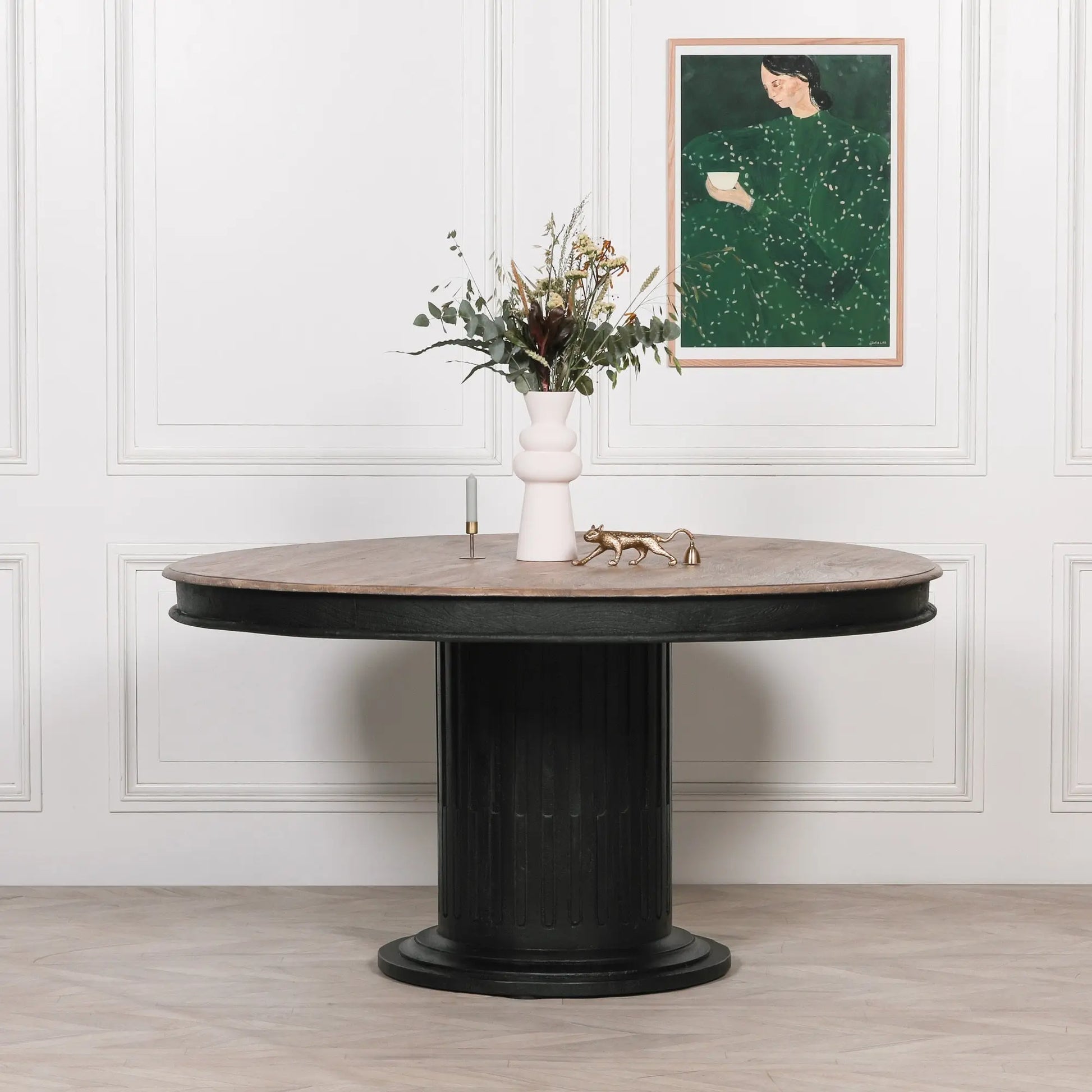 Black Wooden Round Column Dining Table   Nicholas John Interiors