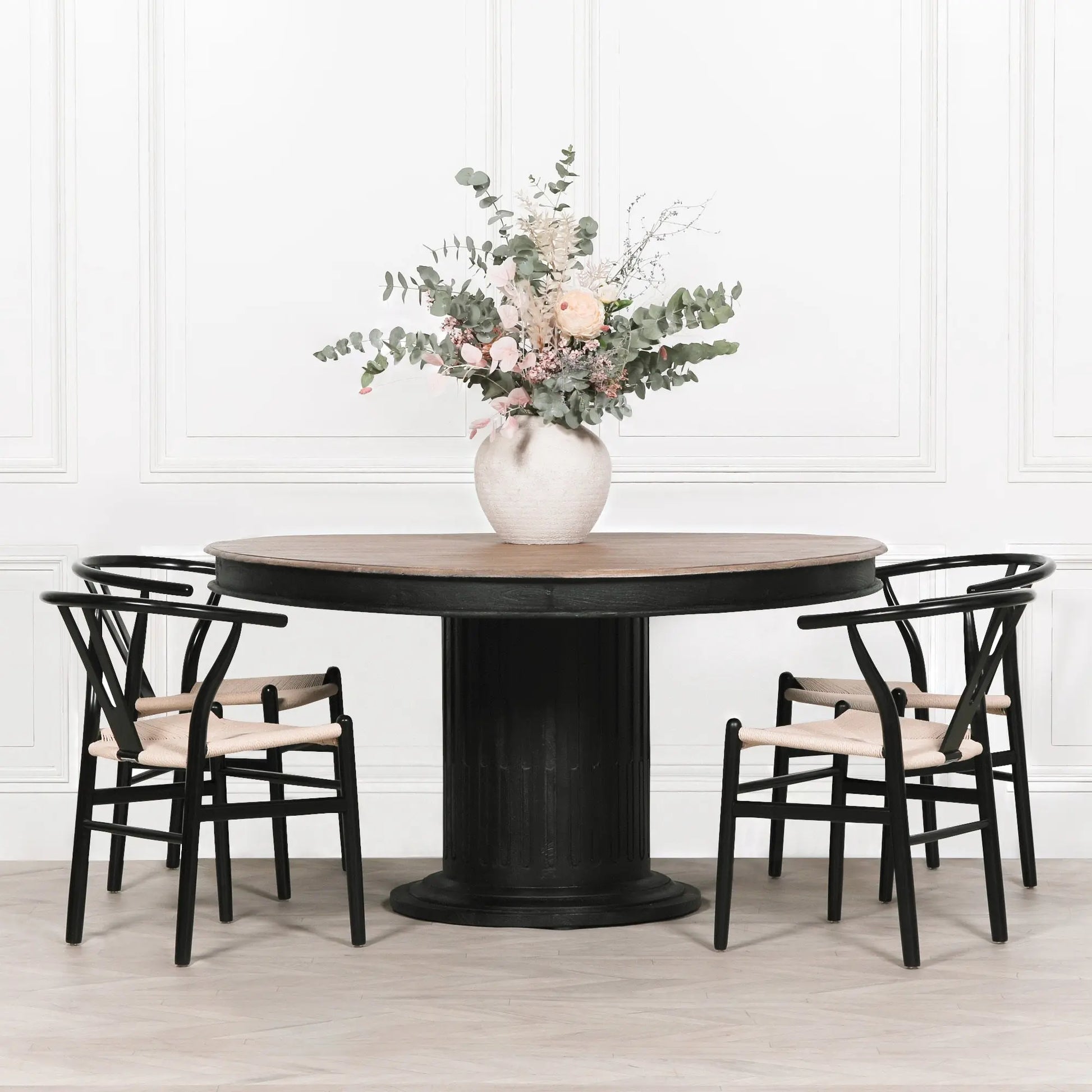 Black Wooden Round Column Dining Table   Nicholas John Interiors