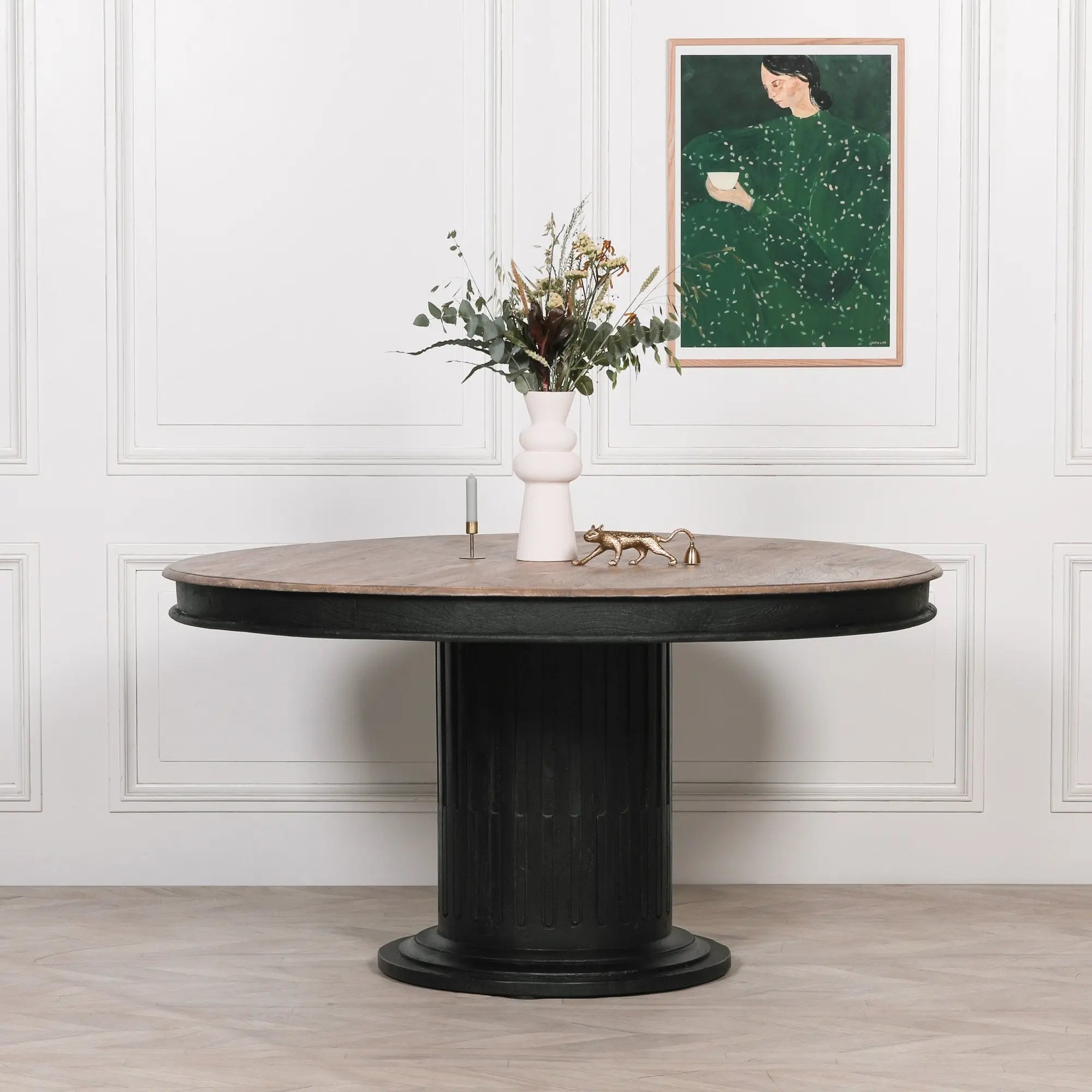 Black Wooden Round Column Dining Table   Nicholas John Interiors