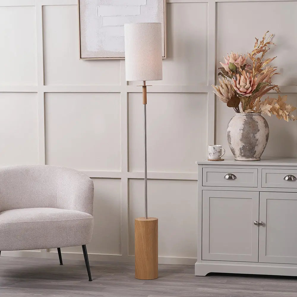 Bonham Natural Wood Veneer & Silver Metal Floor Lamp  Nicholas John Interiors
