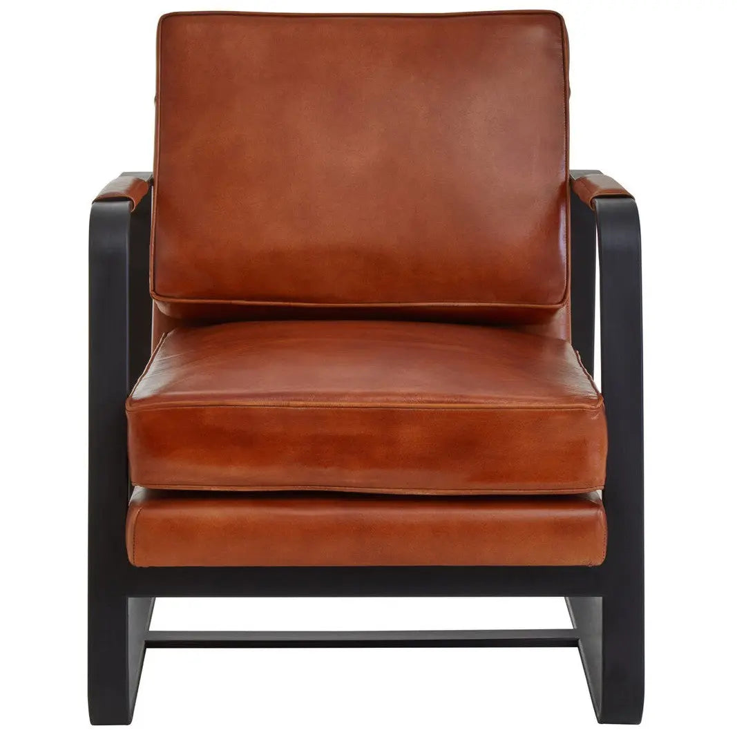 Bronson Tan Leather Armchair with Black Iron Frame   Nicholas John Interiors