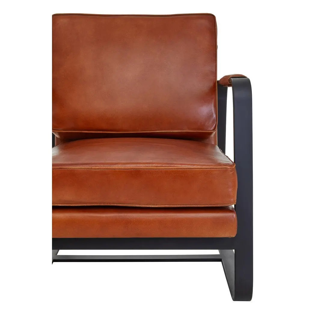 Bronson Tan Leather Armchair with Black Iron Frame   Nicholas John Interiors