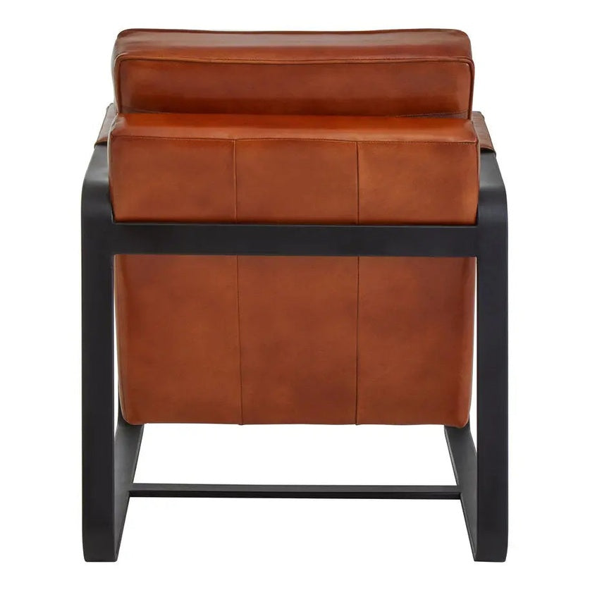 Bronson Tan Leather Armchair with Black Iron Frame   Nicholas John Interiors