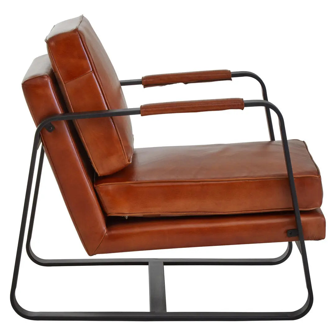 Bronson Tan Leather Armchair with Black Iron Frame   Nicholas John Interiors