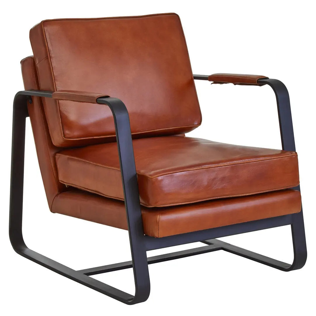 Bronson Tan Leather Armchair with Black Iron Frame   Nicholas John Interiors