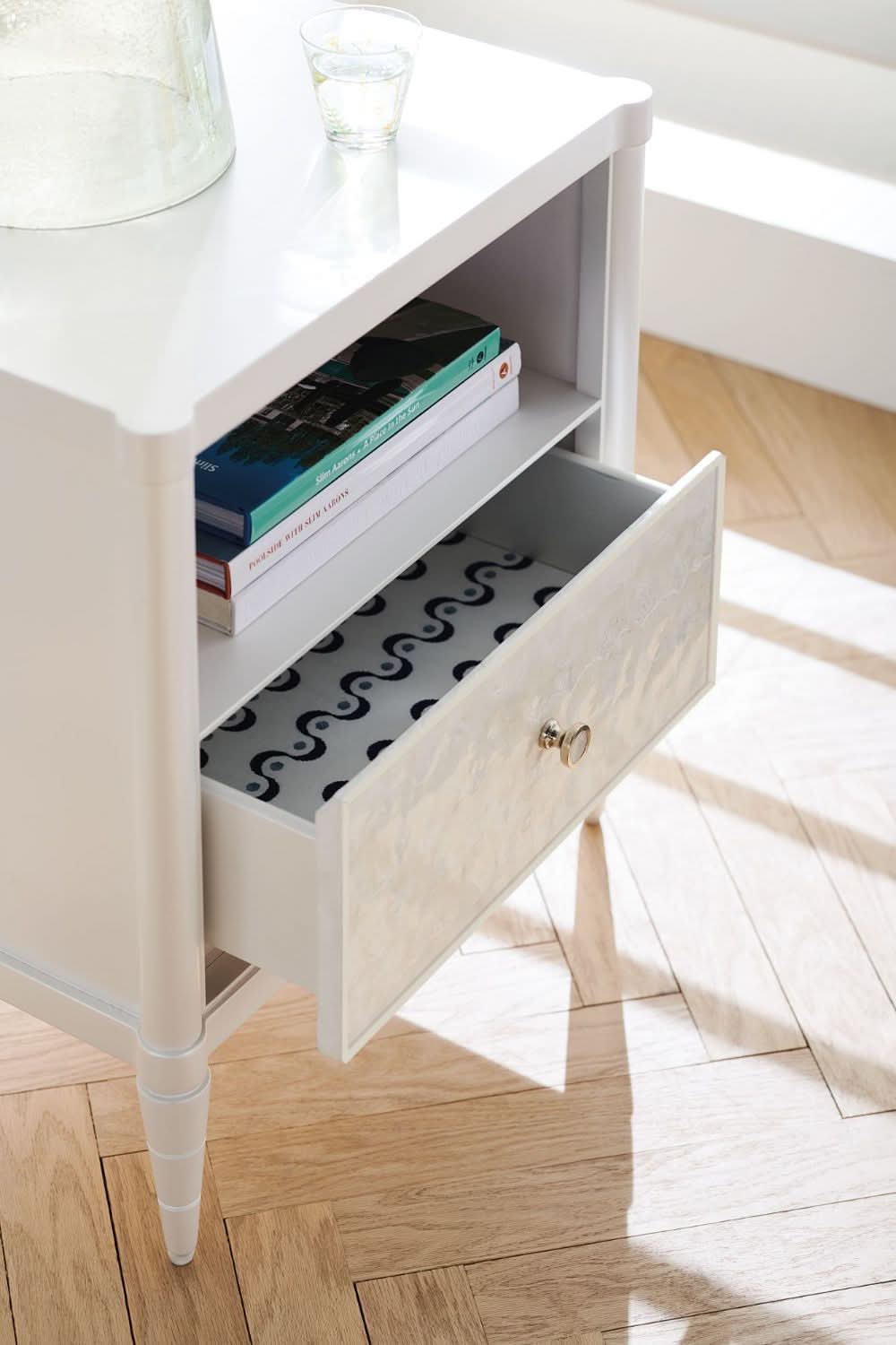 Caracole White Cap Bedside Table   Nicholas John Interiors