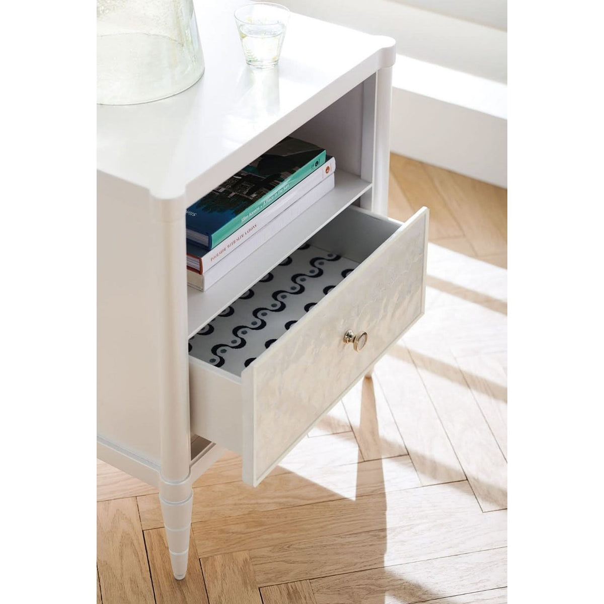 Caracole White Cap Bedside Table   Nicholas John Interiors