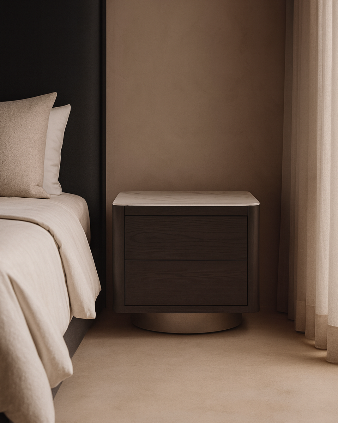 Tommy Franks Coin Bedside Table - Smoke Oak & Marble   Nicholas John Interiors