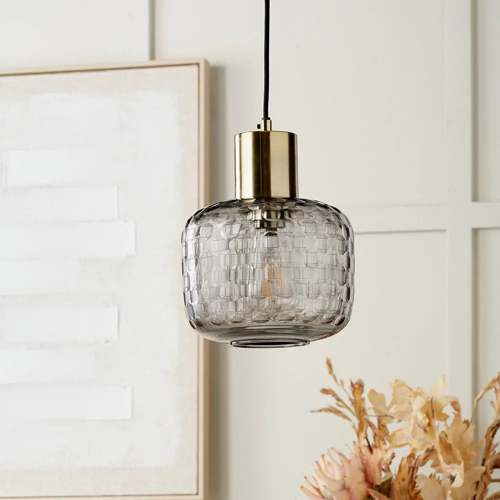 Camille Smoke Grey Circle Design Handcut Glass Pendant   Nicholas John Interiors