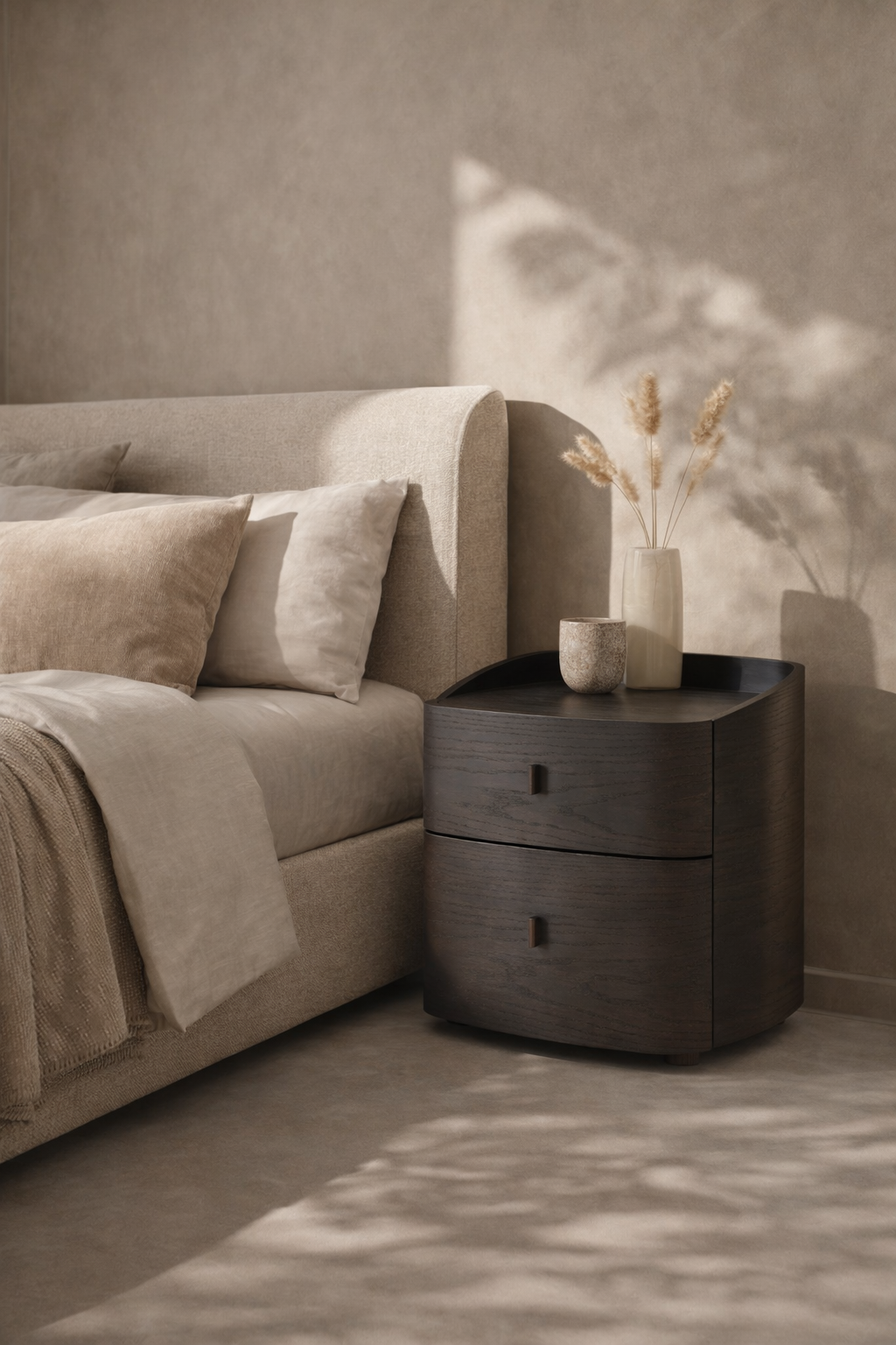 Vertu Bedside Table - Smoke Oak   Nicholas John Interiors