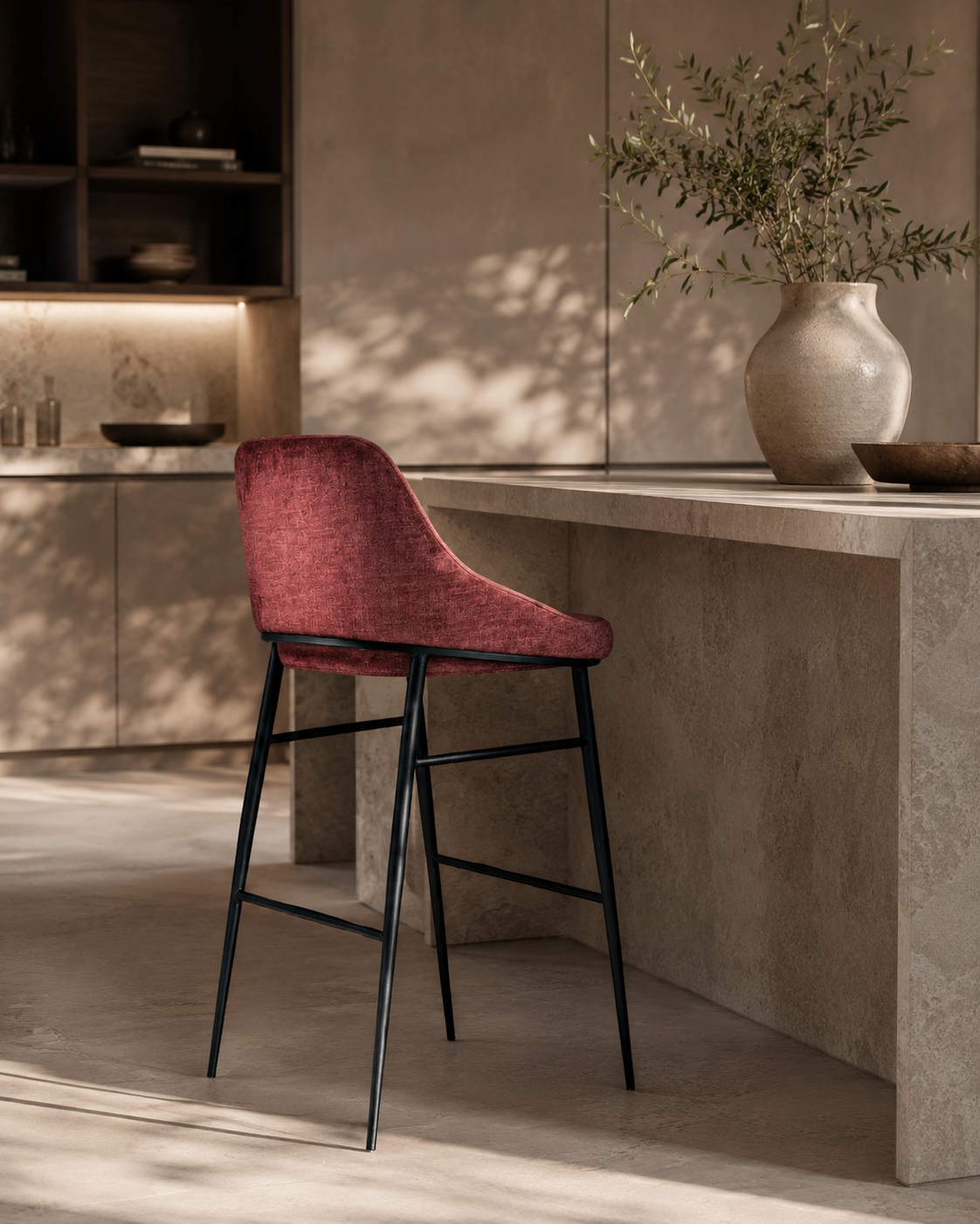 Tommy Franks Vai Barstool - Bella Velour Coral   Nicholas John Interiors