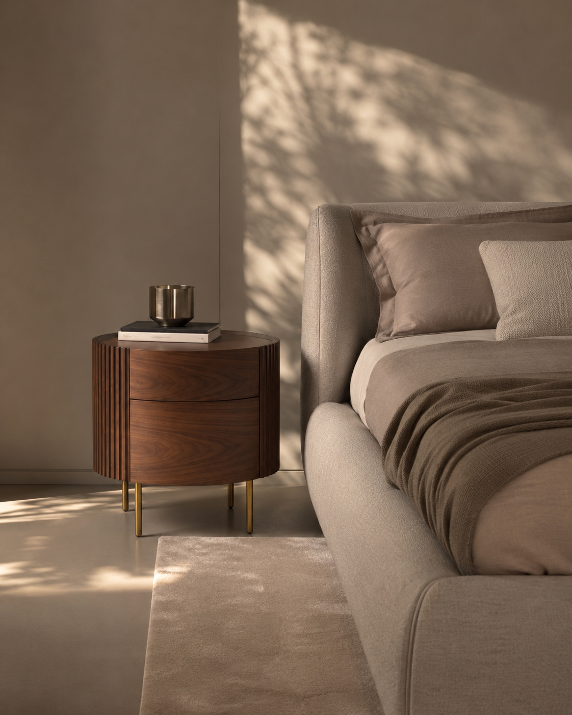 Lantine Bedside Table - Walnut & Brass   Nicholas John Interiors