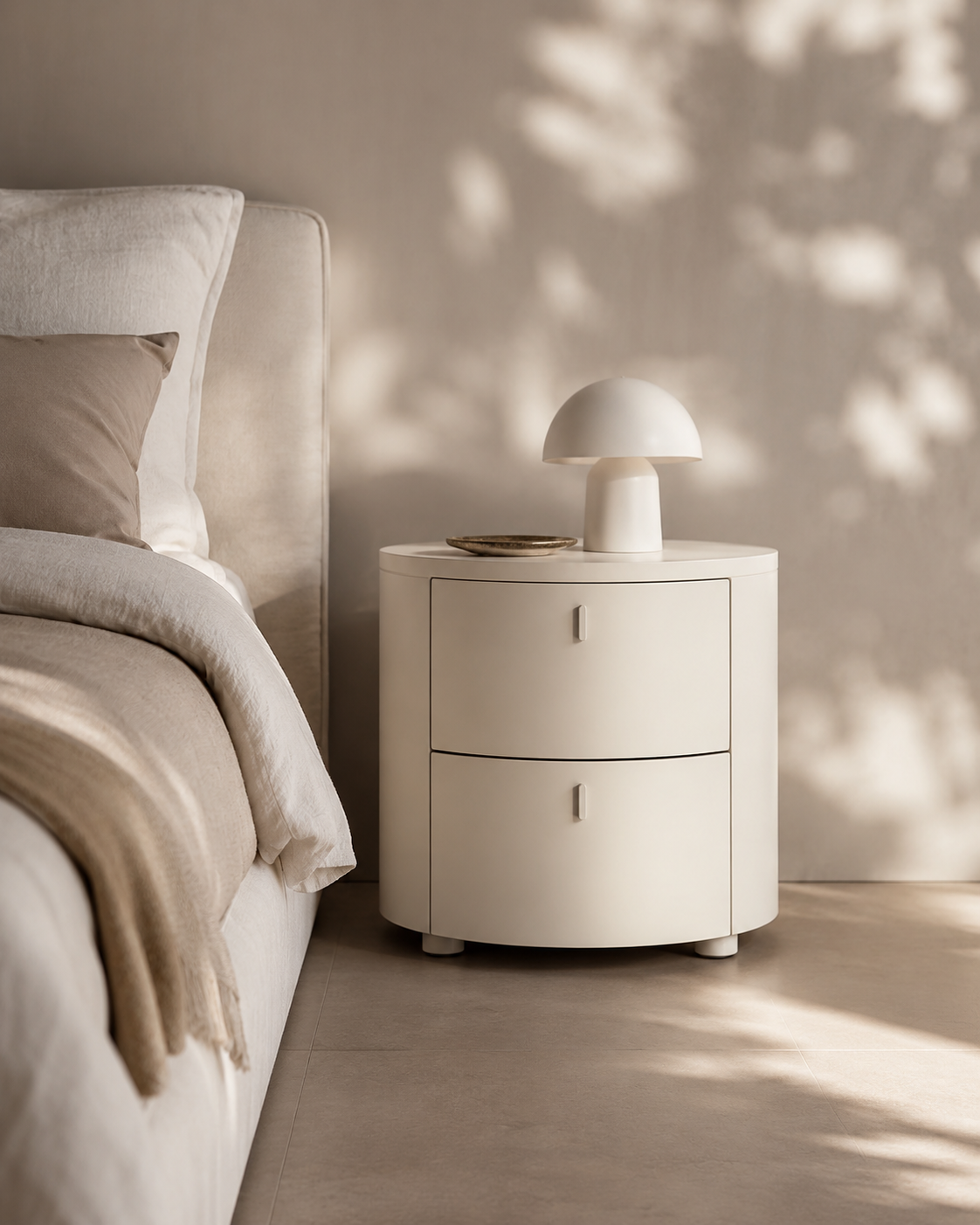 Tommy Franks Sims Bedside Table - Matte Beige   Nicholas John Interiors