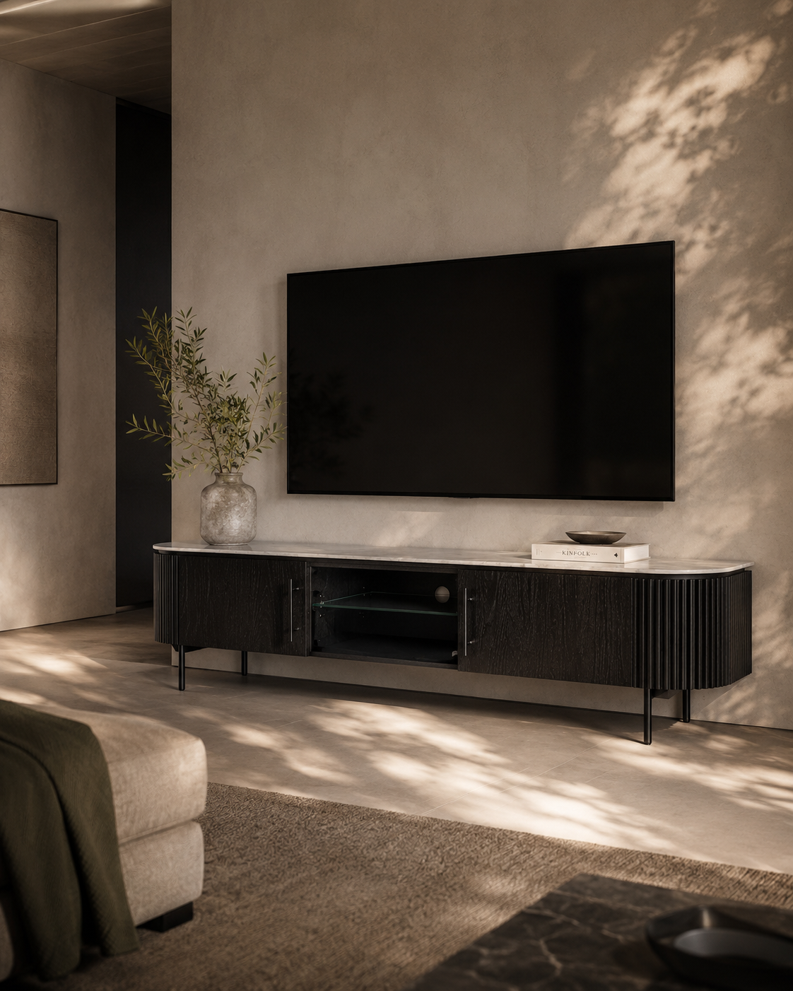 Tommy Franks Lantine Marble TV Unit in Black Oak   Nicholas John Interiors
