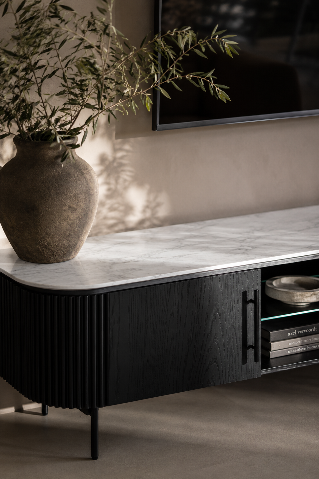 Tommy Franks Lantine Marble TV Unit in Black Oak   Nicholas John Interiors