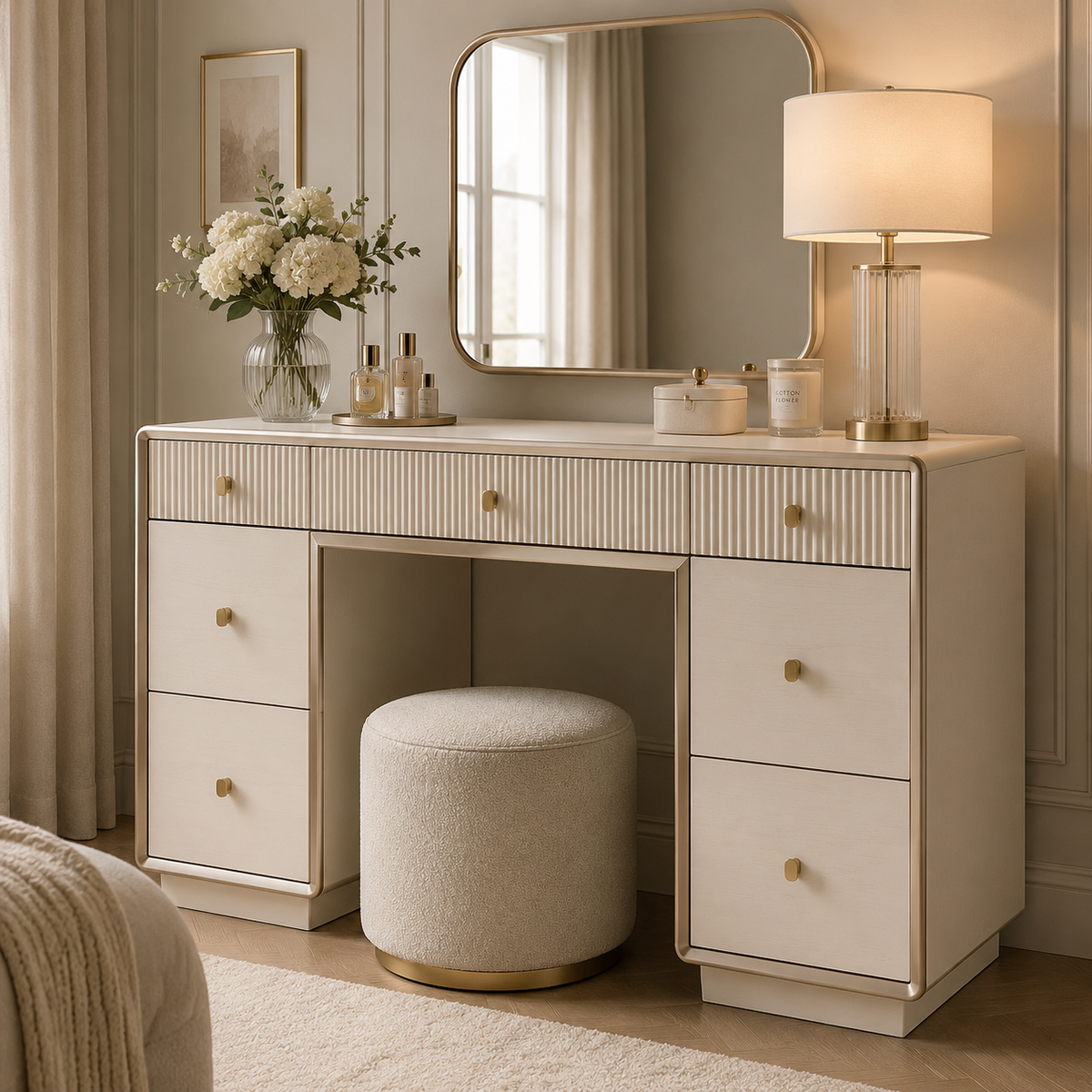 Femelle Cream 7 Drawer Dressing Table with Champagne Trim