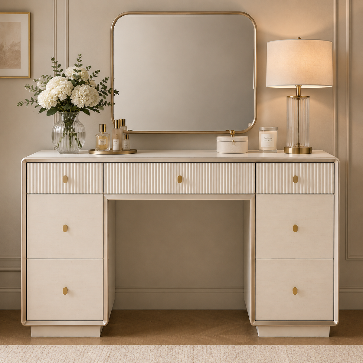 Femelle Cream 7 Drawer Dressing Table with Champagne Trim