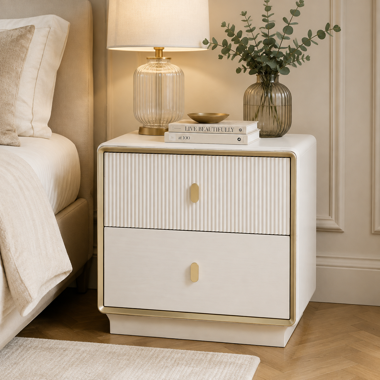 Femelle Cream 2 Drawer Bedside Cabinet with Champagne Trim