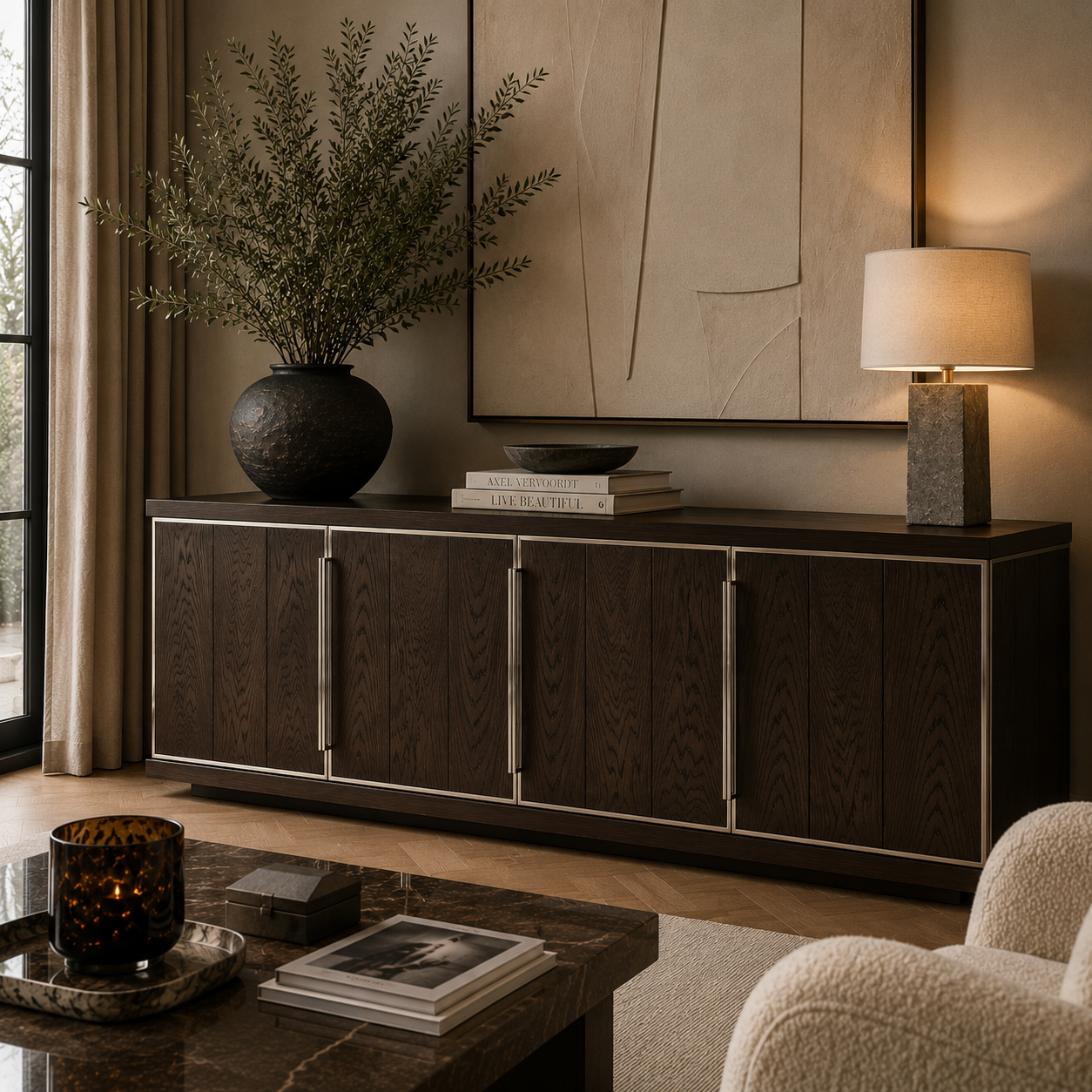 Eichholtz Renzo 4 Door Dresser in Mocha Crown Oak Veneer - CLEARANCE - BRAND NEW BOXED