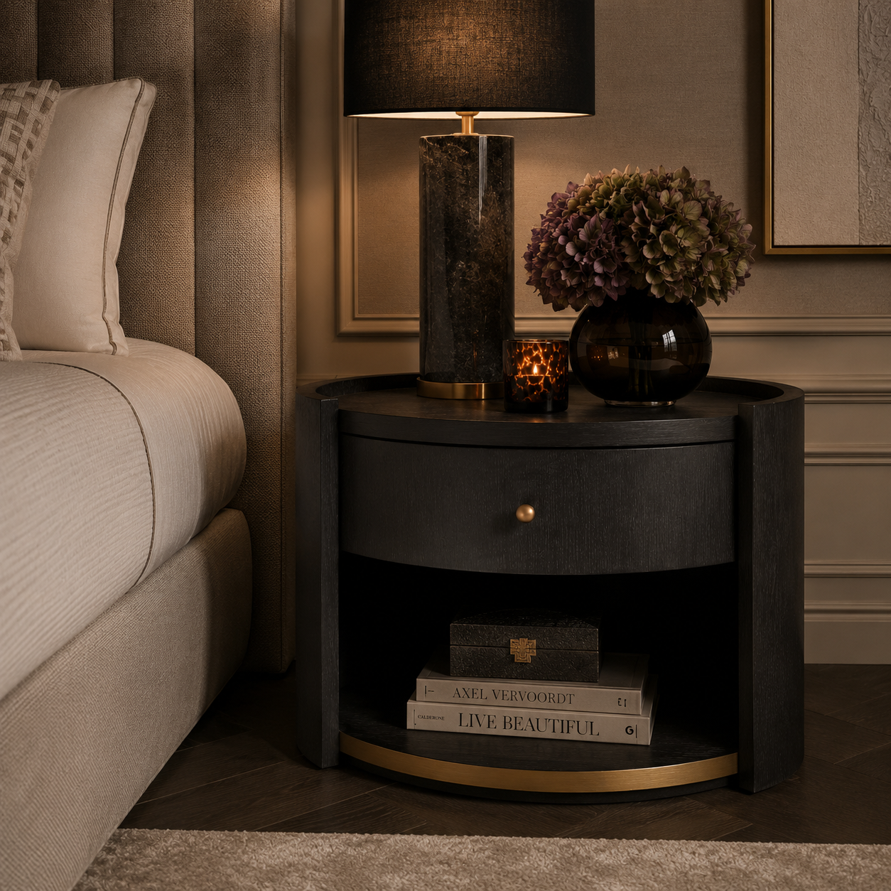 Eichholtz Rosemberg Bedside Table in Charcoal Grey Oak Veneer - CLEARANCE - BRAND NEW BOXED