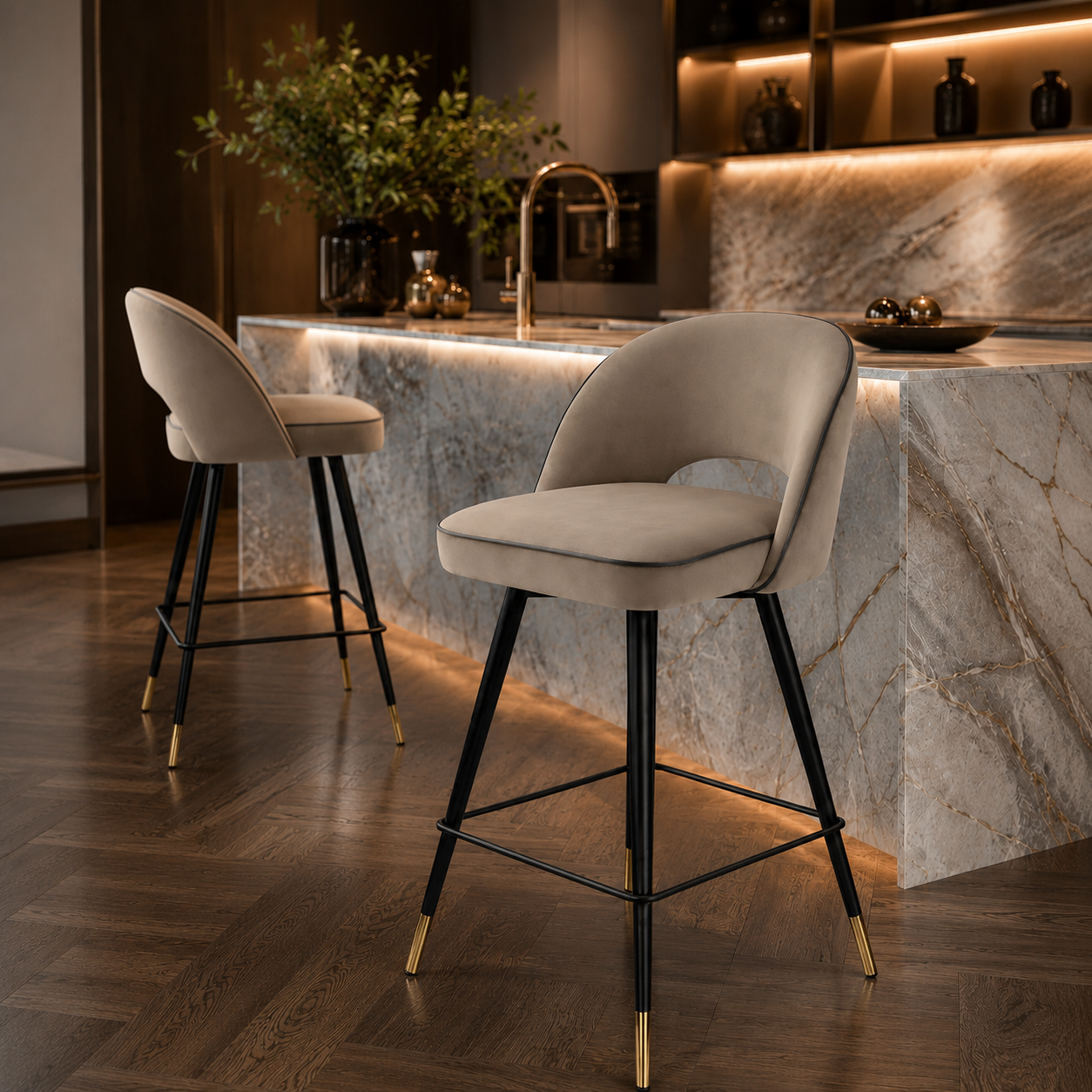 Eichholtz Cliff Set of 2 Counter Swivel Stool in Greige Velvet - CLEARANCE - BRAND NEW BOXED