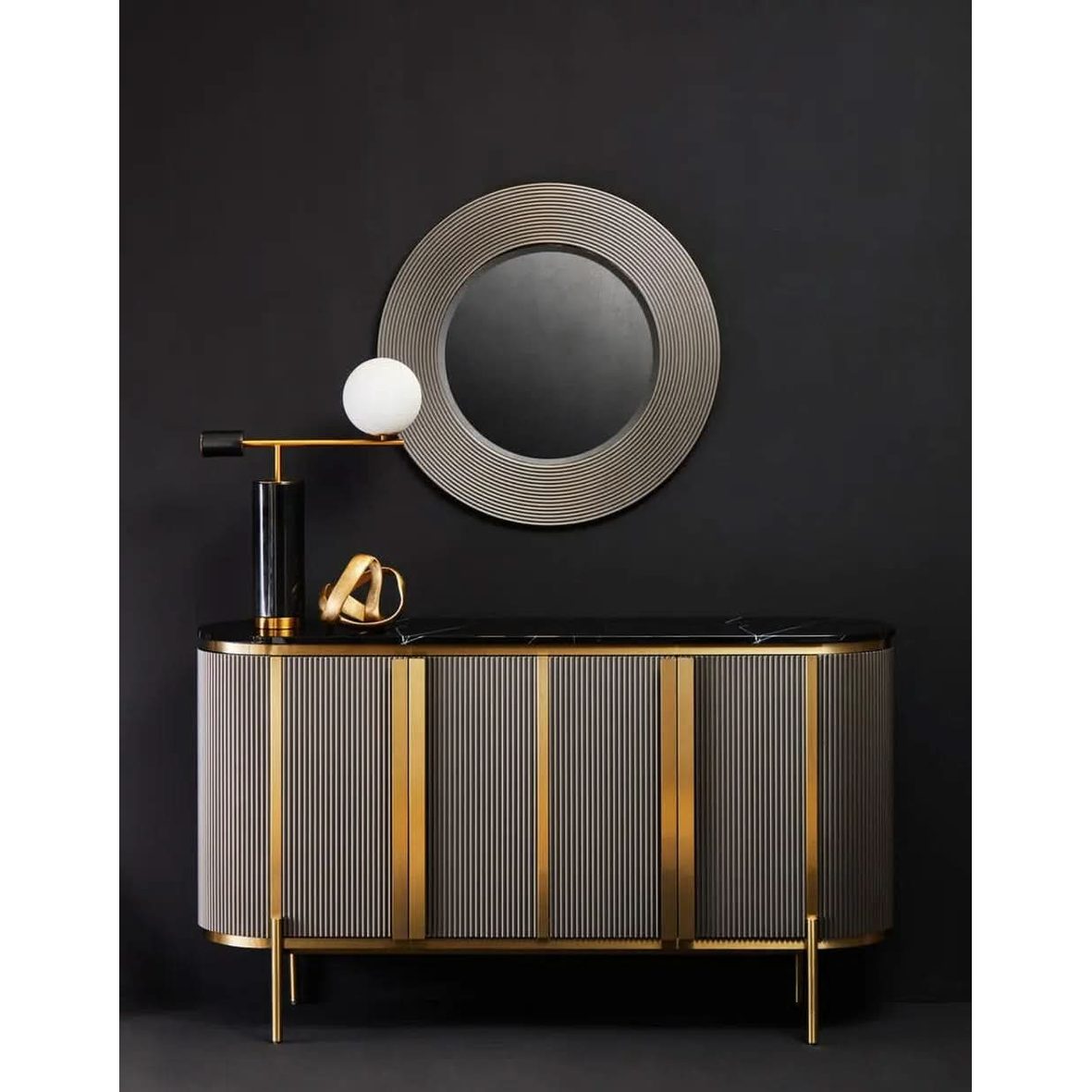 Dervio Grey Four Door Sideboard With Black Marble Top   Nicholas John Interiors