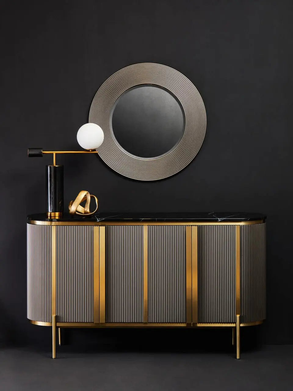 Dervio Grey Four Door Sideboard With Black Marble Top   Nicholas John Interiors