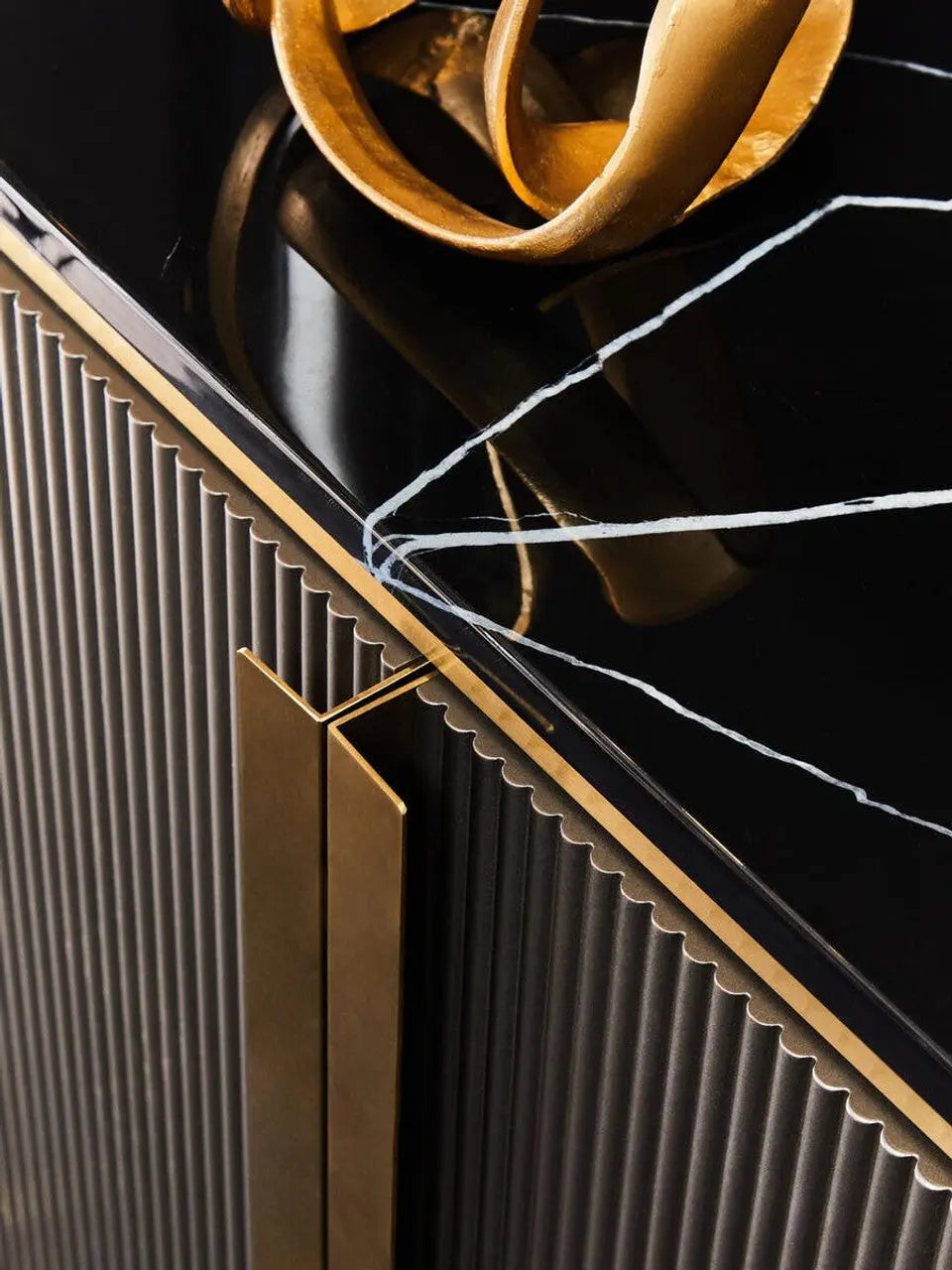 Dervio Grey Four Door Sideboard With Black Marble Top   Nicholas John Interiors