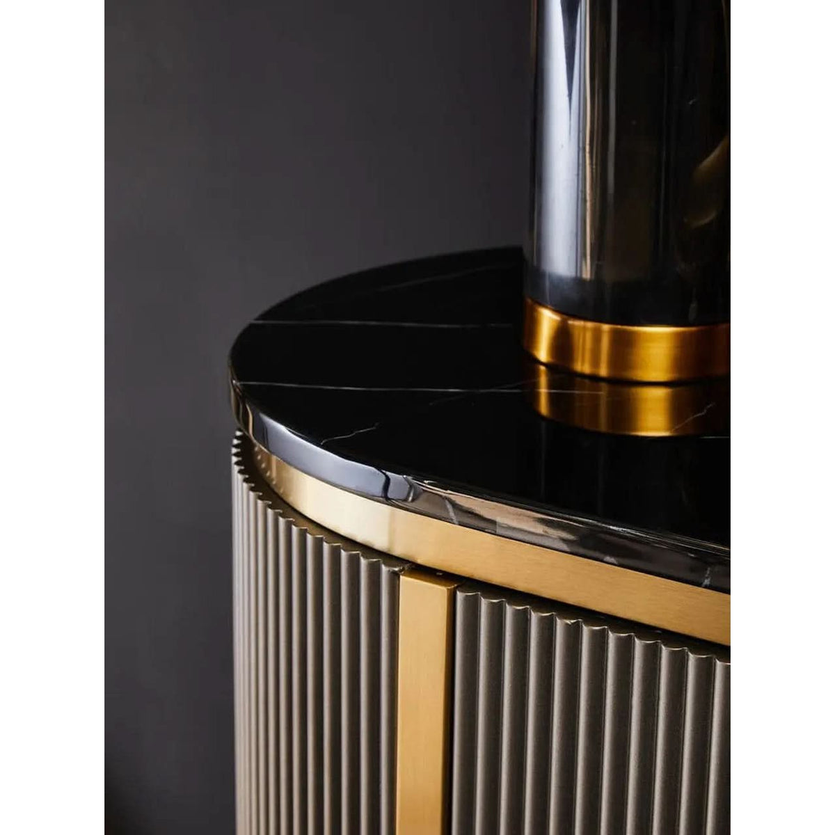 Dervio Grey Four Door Sideboard With Black Marble Top   Nicholas John Interiors