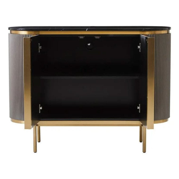 Dervio Grey Two Door Sideboard with Black Marble Top   Nicholas John Interiors