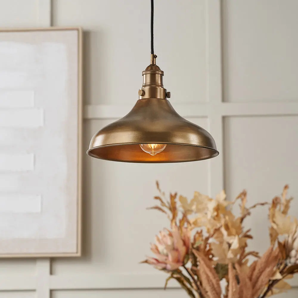 Ellis Antique Brass Cafe Metal Pendant   Nicholas John Interiors