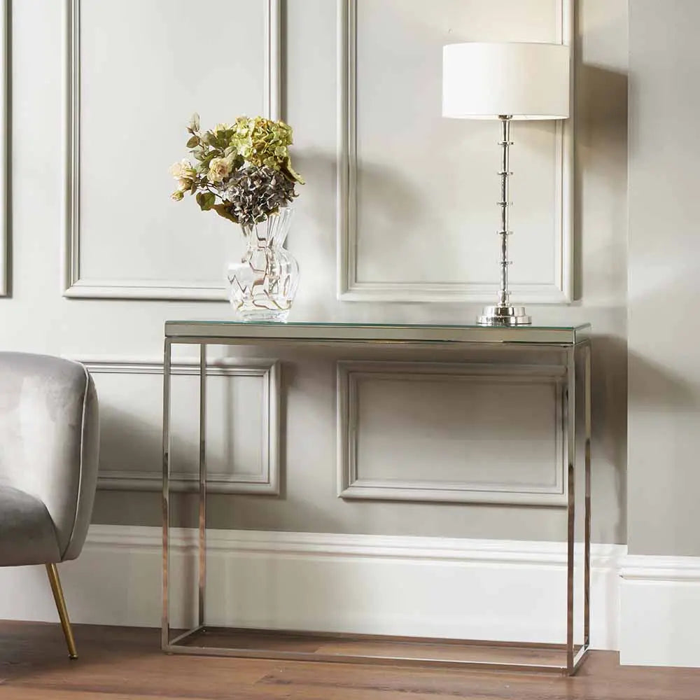 Elysee Mirrored Glass and Silver Metal Console Table  Nicholas John Interiors