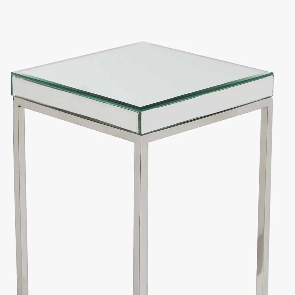 Elysee Mirrored Glass and Silver Metal Square Side Table  Nicholas John Interiors