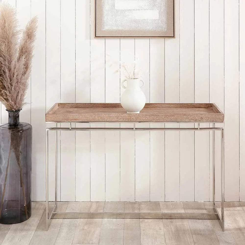 Evelyn Natural Antique Finish Mango Wood and Silver Metal Console Table   Nicholas John Interiors