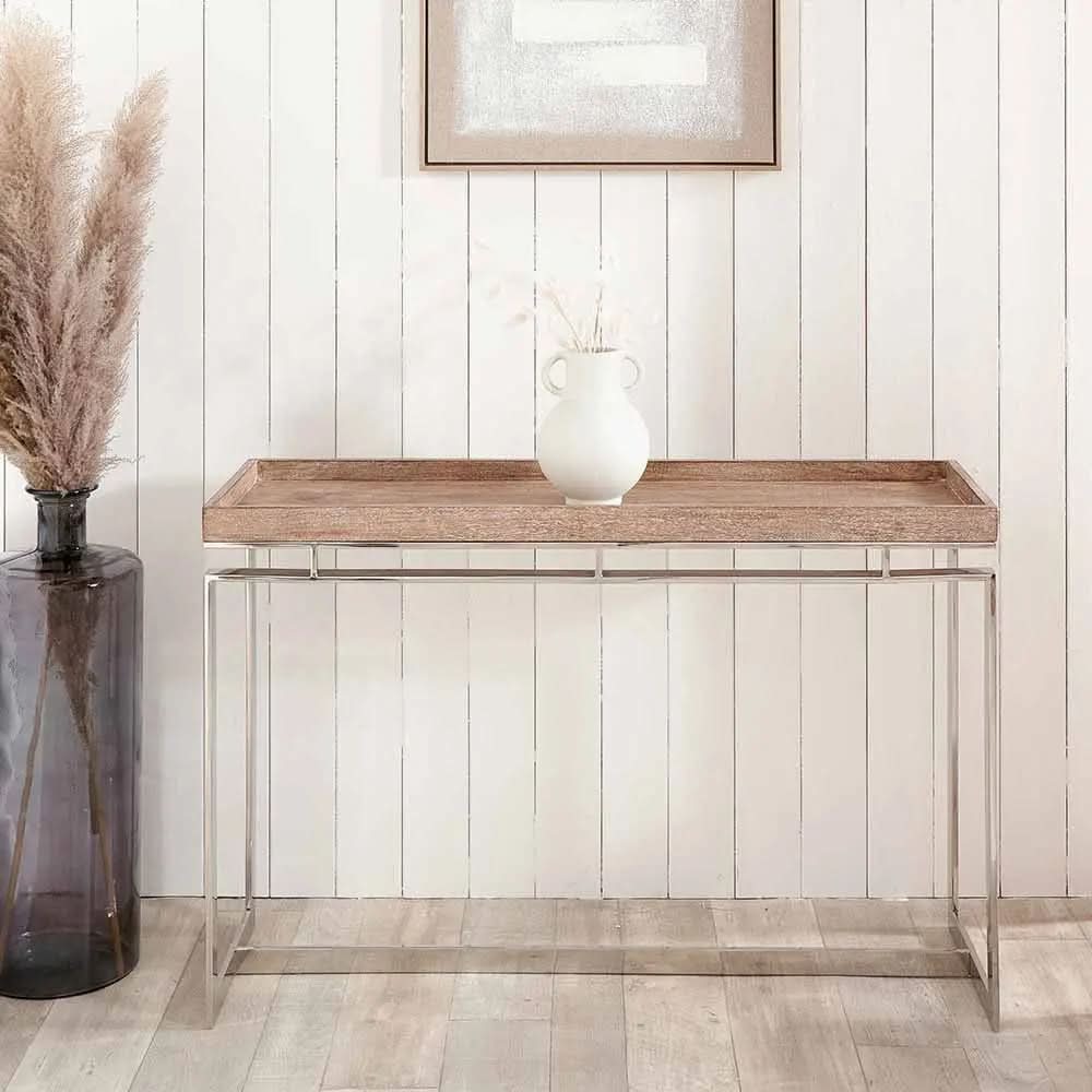 Evelyn Natural Antique Finish Mango Wood and Silver Metal Console Table   Nicholas John Interiors