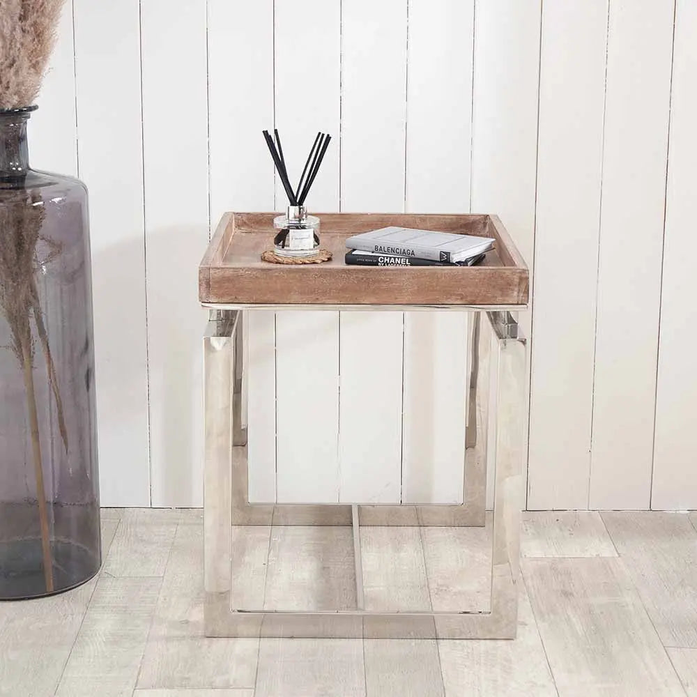 Evelyn Natural Antique Finish Mango Wood and Silver Metal Side Table  Nicholas John Interiors