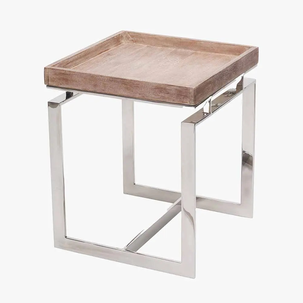 Evelyn Natural Antique Finish Mango Wood and Silver Metal Side Table  Nicholas John Interiors