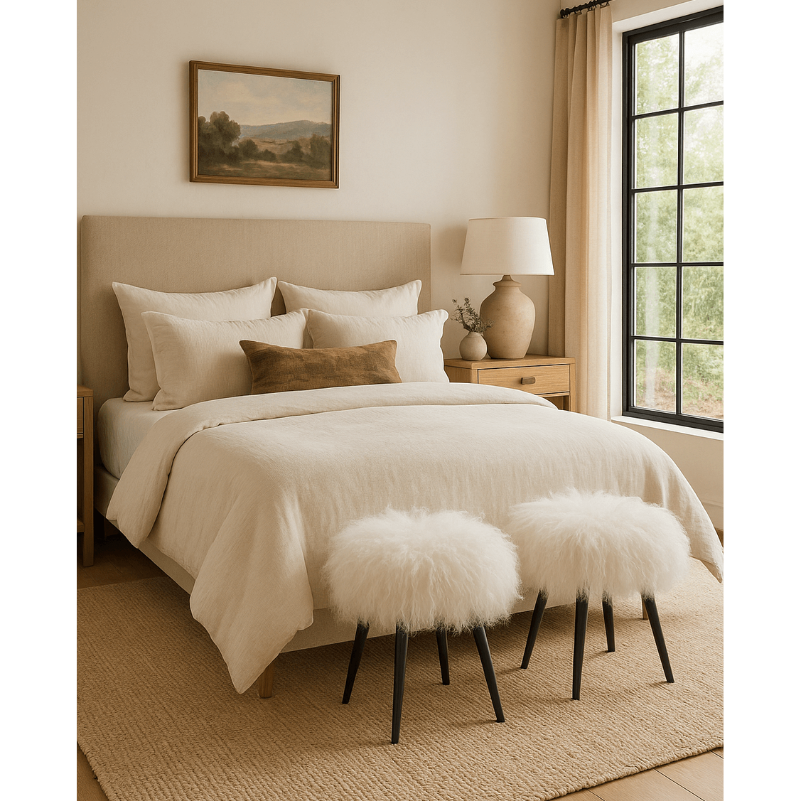 Keiichi Baaarb Stool in White Faux Sheepskin   Nicholas John Interiors
