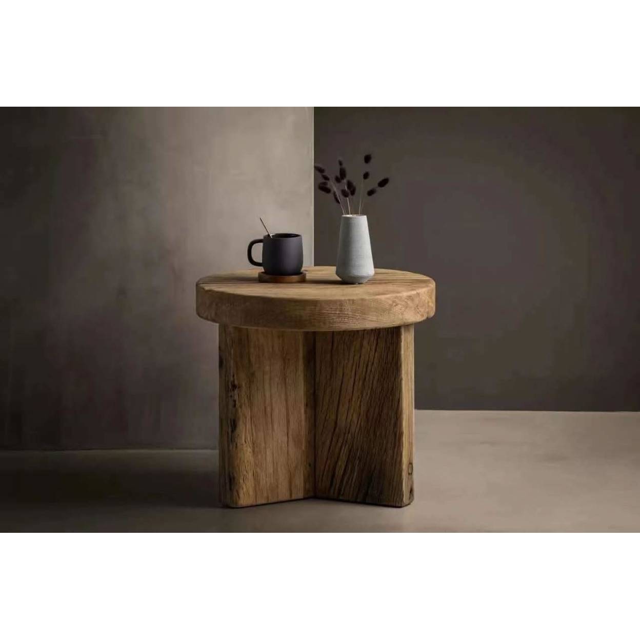 Keiichi Reclaimed Oak Round Side Table   Nicholas John Interiors