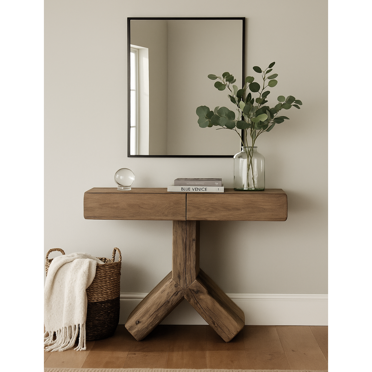 Keiichi Reclaimed Oak Cross Console Table   Nicholas John Interiors