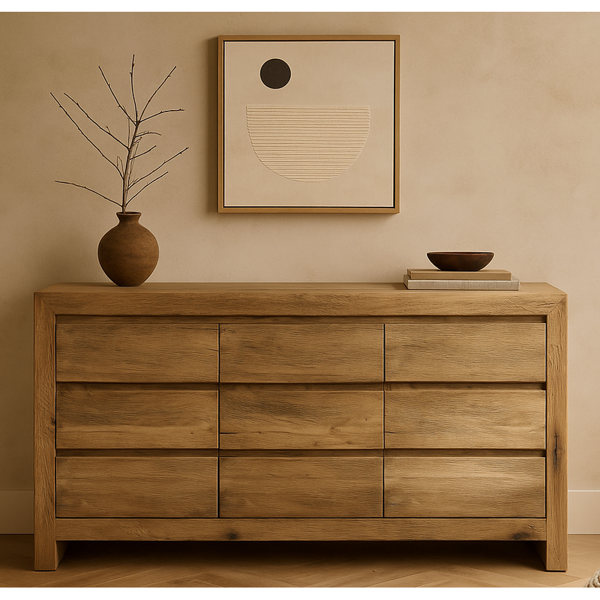 Keiichi Reclaimed Oak 9 Drawer Chest of Drawers   Nicholas John Interiors