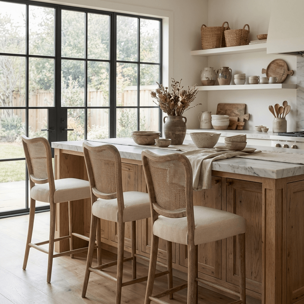 Keiichi Chadlington Rattan and Natural Linen Counter Stool   Nicholas John Interiors