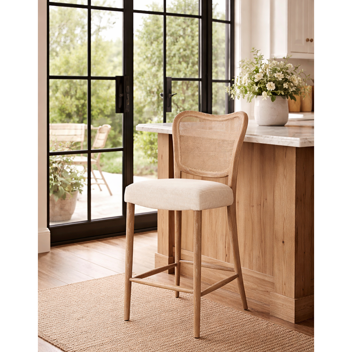 Keiichi Chadlington Rattan and Natural Linen Counter Stool   Nicholas John Interiors