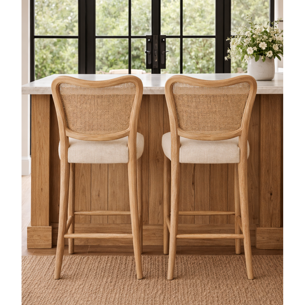 Keiichi Chadlington Rattan and Natural Linen Counter Stool   Nicholas John Interiors