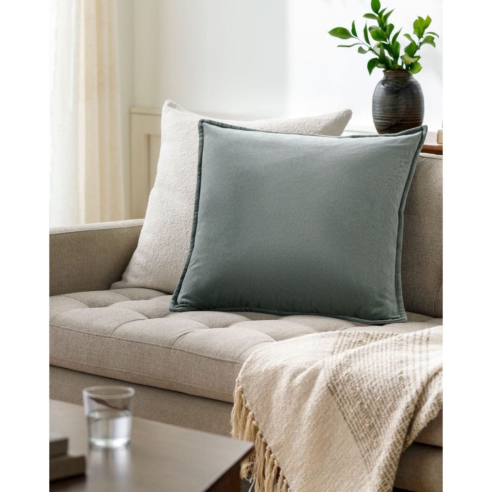 Keiichi Cotton Velvet Cushion in Sage - 51 x 51 cm   Nicholas John Interiors