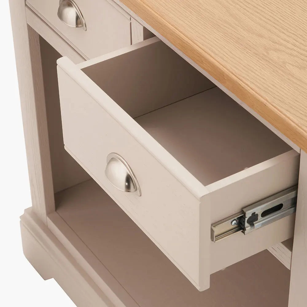 Fairford Parchment White Pine and Oak Wood 2 Drawer Console Table  Nicholas John Interiors