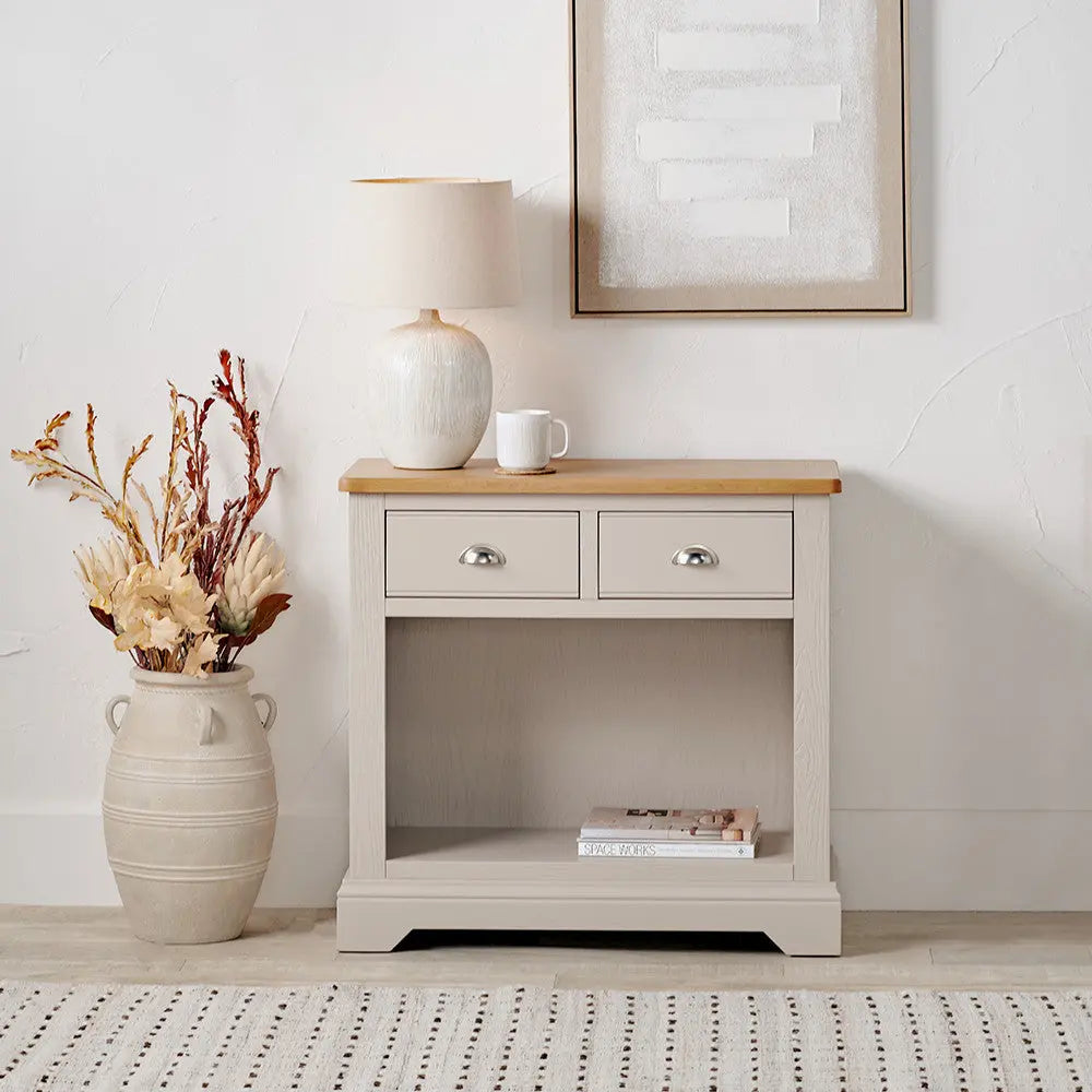 Fairford Parchment White Pine and Oak Wood 2 Drawer Console Table  Nicholas John Interiors