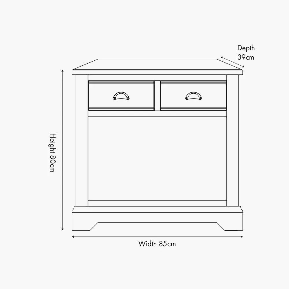 Fairford Parchment White Pine and Oak Wood 2 Drawer Console Table  Nicholas John Interiors