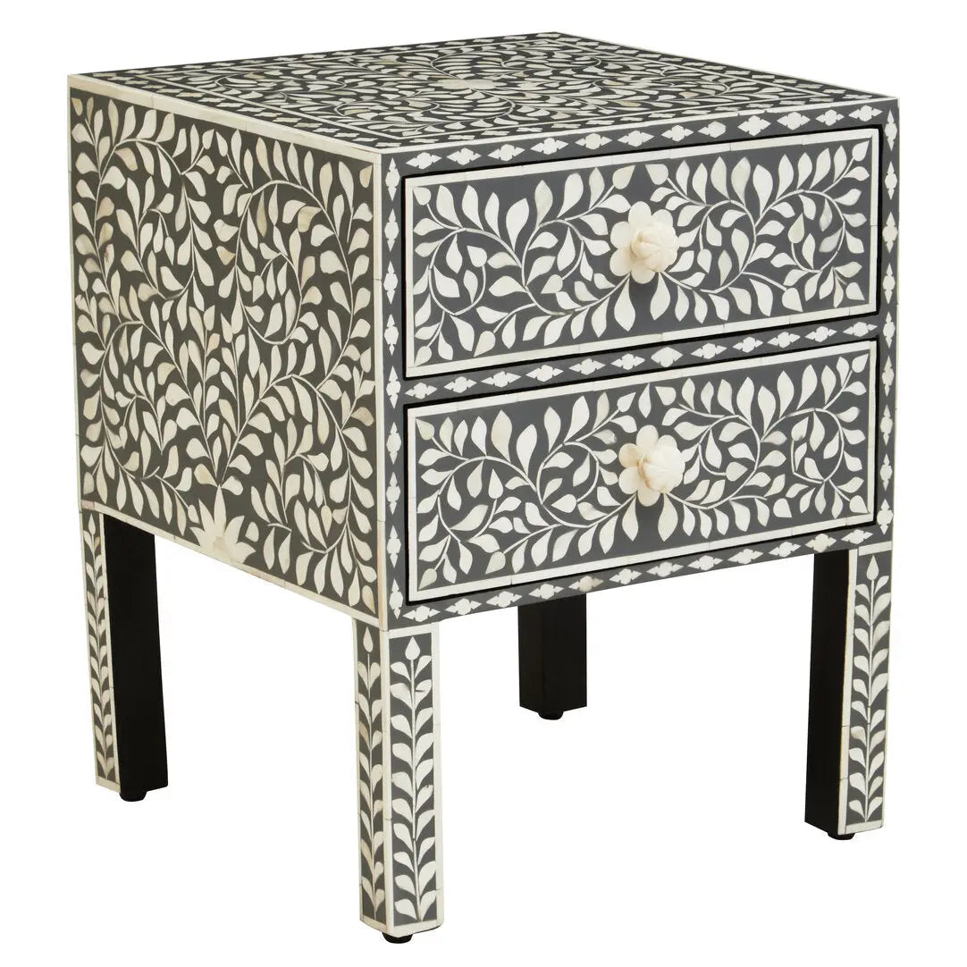 Fazion 2 Drawer Bone Inlay Side Table   Nicholas John Interiors