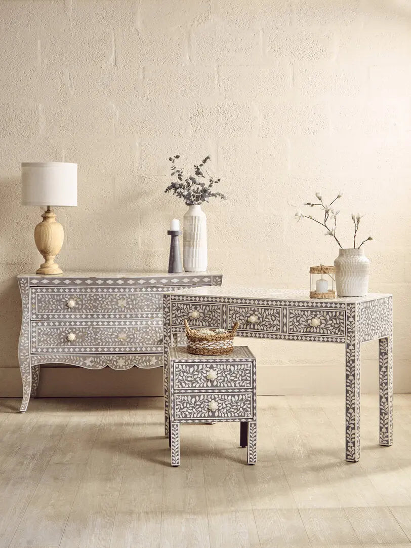 Fazion 2 Drawer Bone Inlay Side Table   Nicholas John Interiors